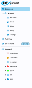 Side menu with highlighted Dashboard. Menu sections include Account (Installers, Users, Roles, Billing, Settings), Audit log, On-demand (with a Create button), and Managed (Unassigned, Favourites, In session and expandable folders for Germany, Japan, UK, and USA).
